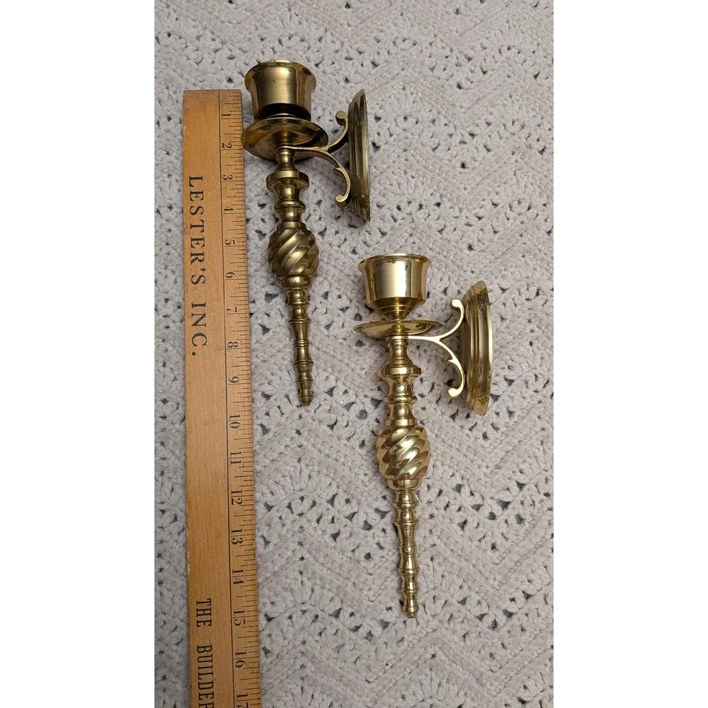 Vintage Solid Brass Wall Sconce Candle Holders Spiral Twist Ornate Gold 9.5